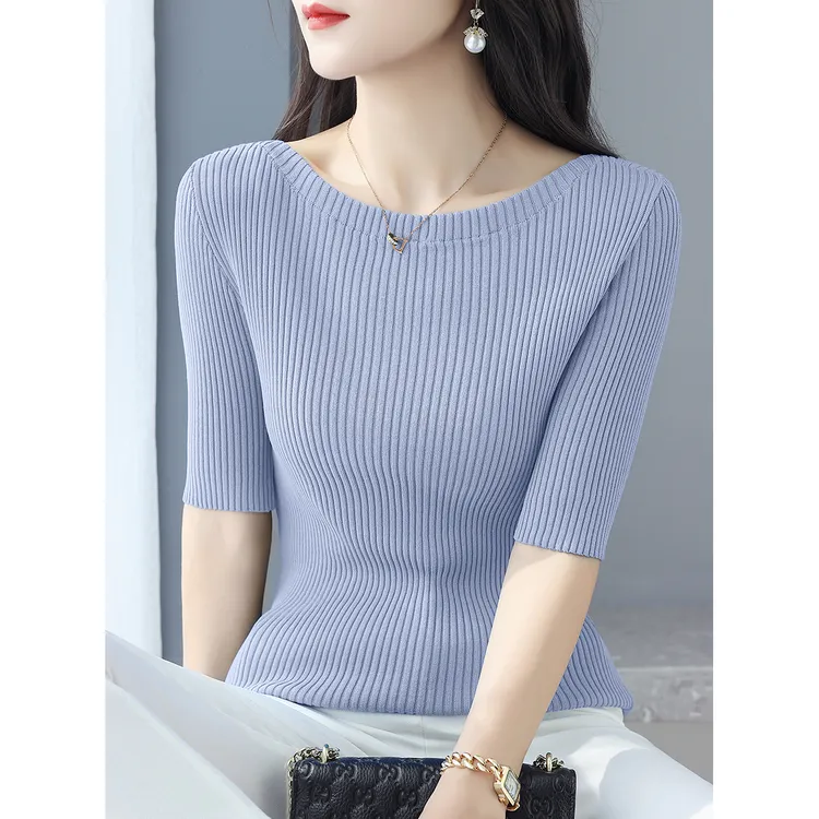 秋季时尚一字领五分袖百搭针织内搭女装洋气肌理设计修身打底上衣