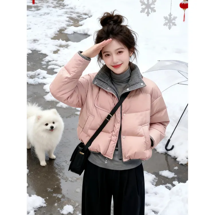韩版2025新款巨好看的加厚粉色短款洋气保暖羽绒服外套女冬季棉袄