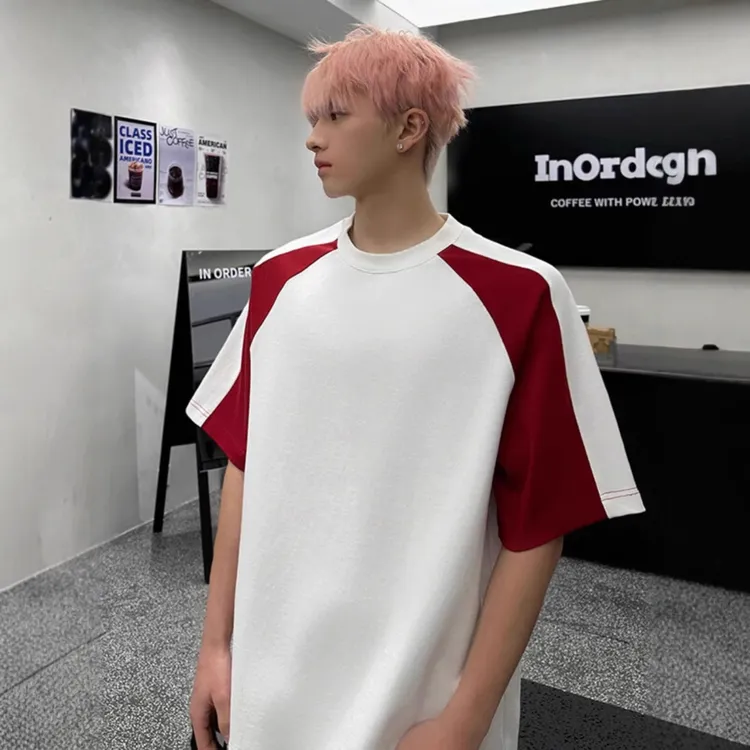 美式休闲短袖t恤男春夏季新款潮牌高街痞帅运动风拼色插肩袖上衣