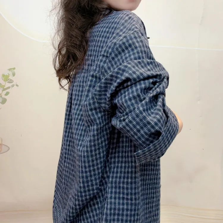 复古法式格子衬衫女宽松纯棉衬衫百搭显瘦休闲春秋格纹