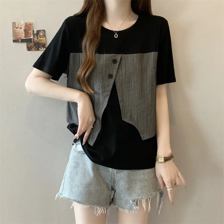 实拍~大码胖MM新款设计感拼接假两件遮肉搭配短款夏季