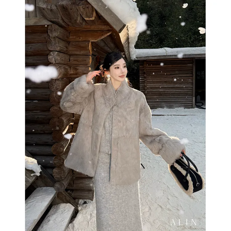 ALIN【千金兔】100%兔毛限量奢级外套冬贵气时髦立领上衣女AL5PCW12