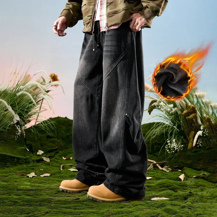 秋冬加绒牛仔裤水洗垂感长裤男拼接弯刀阔腿裤百搭休闲潮流工装裤