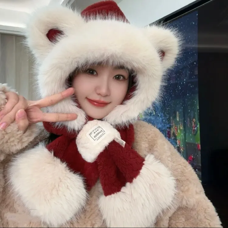 安哥拉红可爱小熊帽子围巾一加厚2025新款保暖冬季女学生包帽