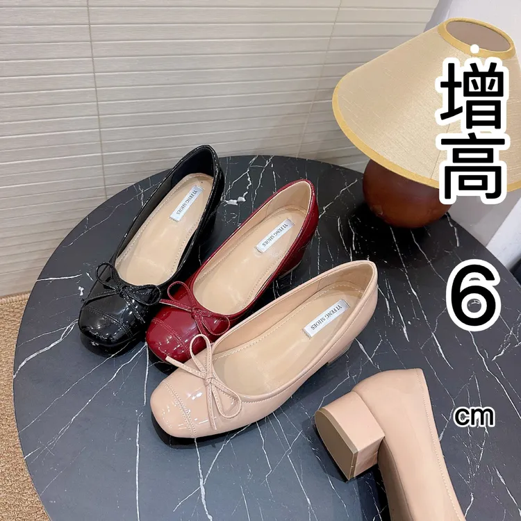 增高6cm蝴蝶结方头粗跟单鞋女24秋季新款小香风软漆皮玛丽珍