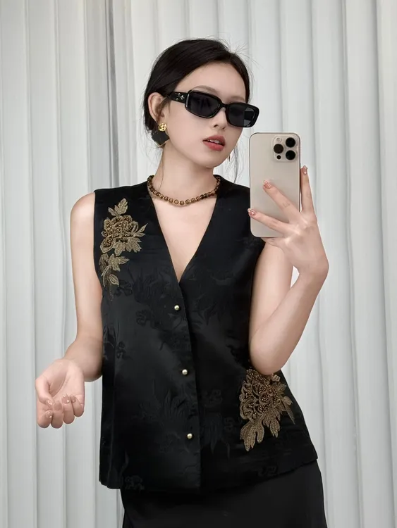 【金绣】常规中式民族风中国风厚款背心提花单排扣潮流国风马夹夏季