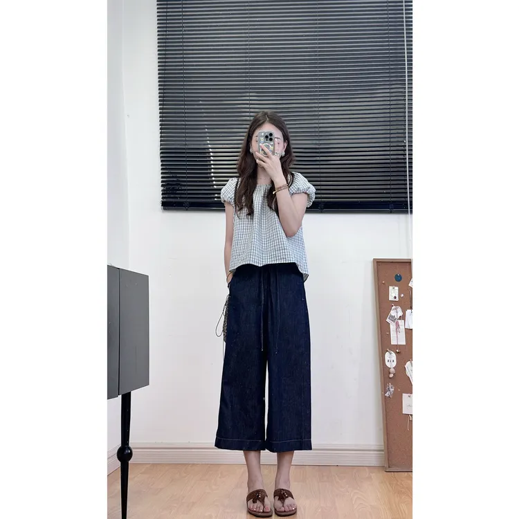 【夏之风】亚麻棉＋莱赛尔松紧腰宽松直筒阔腿七八分牛仔裤时髦慵懒