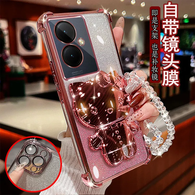 vivoy35+手机壳v2279a带支架镜子5g气囊防摔套镜头全包女新款创意