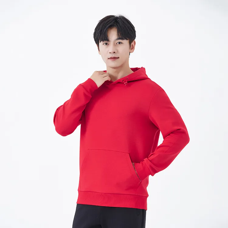 空气层连帽套头鼠袋卫衣男秋冬装百搭纯色帽衫外套本命年大红色