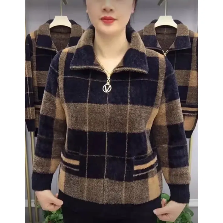 P春季美衣中老年妈妈装仿水貂绒格子外套洋气翻领短款休闲百搭