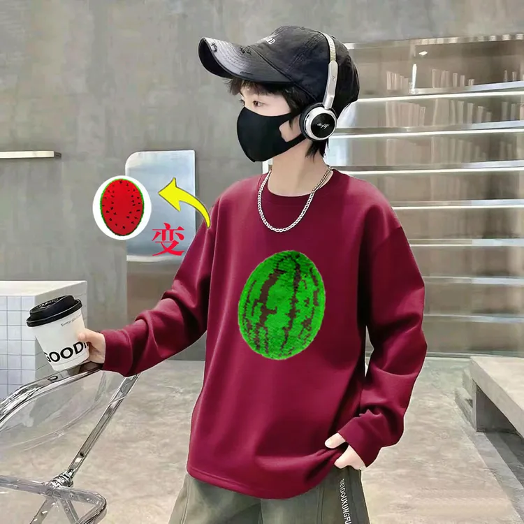 春季秋款男孩儿童长袖纯棉变色t恤中大男童薄款外穿打底亮片上衣