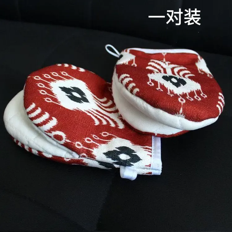 手套印花红色居家厨房耐高温烤箱隔热棉麻条纹家用烘焙手套防烫