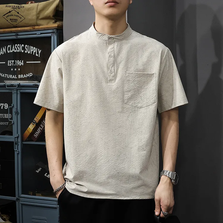 aoyu/遨宇2025新款重磅亨利领短袖t恤男夏季宽松透气凉感polo衫潮
