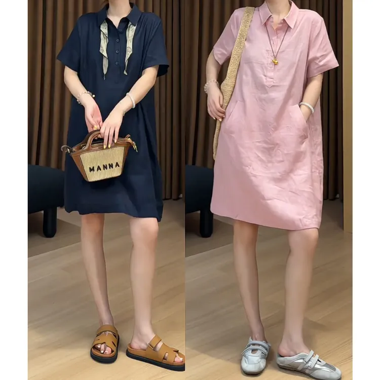 艾塔莉夏季女时尚薄款连衣裙宽松短袖遮肉显瘦中长裙翻领口袋设计