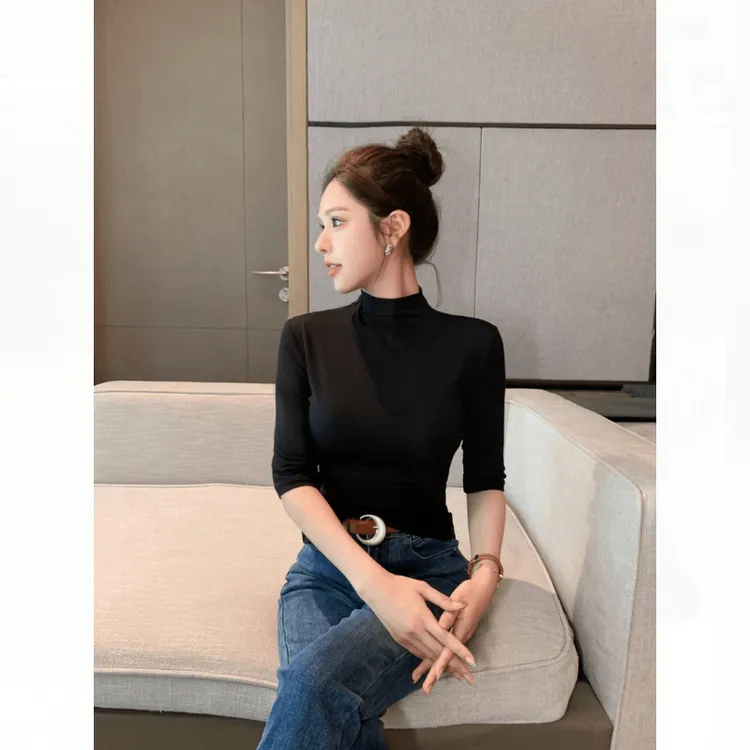 A春秋半高领中袖打底衫女2025新款大码内搭修身五分袖百搭气质上