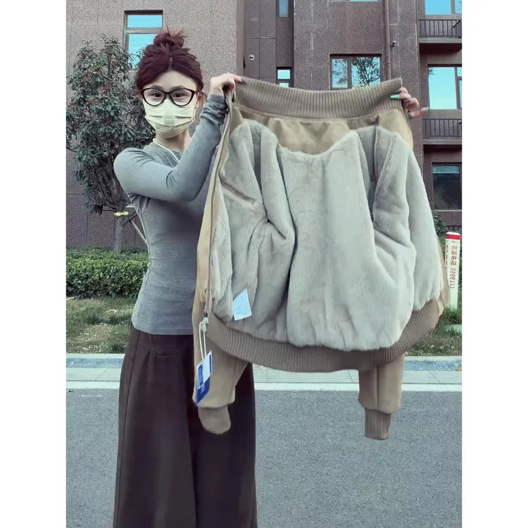 美拉德棕色仿兔毛棉衣外套男女冬季加绒加厚美式痞帅立领夹克棉服