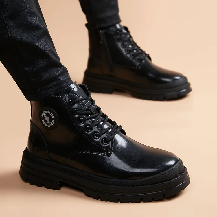马丁靴男士真皮加绒保暖黑色百搭圆头内增高棉鞋秋冬时尚中帮男鞋