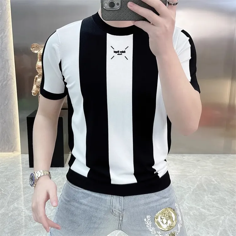 2025欧货轻奢男士针织冰丝短袖T恤条纹时尚百搭夏季半袖上衣25339