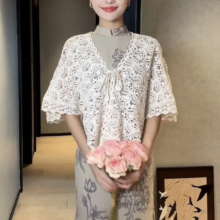 洋气新中式钩花蕾丝披肩外套百搭复古短款女式外搭旗袍披肩民国风