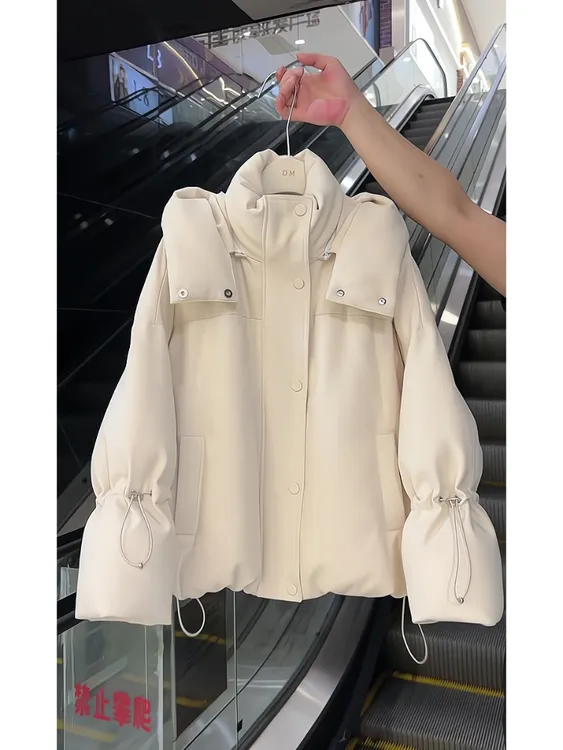 白色连帽单排扣棉服外套女冬季宽松保暖简约高级感外搭派克服上衣