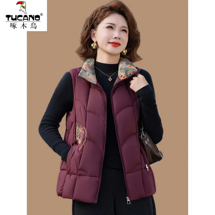 啄木鸟妈妈冬装国风羽绒马甲保暖新款中老年女秋冬季时尚外套