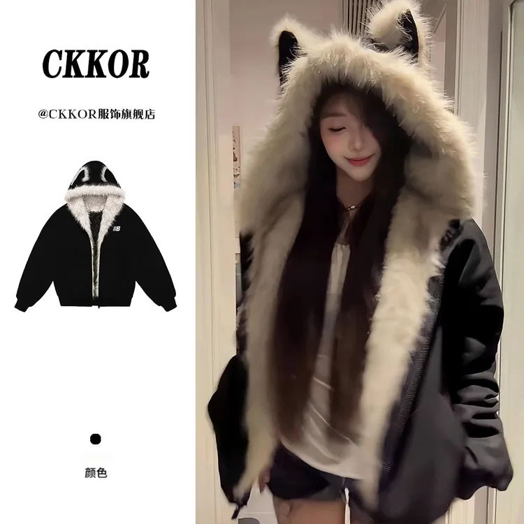 CKKOR美式毛领座山雕棉服外套男女复古宽松设计感加厚保暖派克服