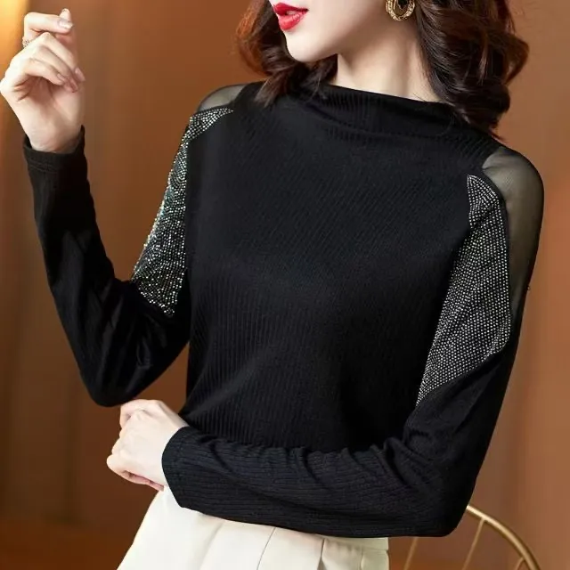 新款打底衫拼接镂空烫钻显瘦百搭半高领t恤洋气长袖黑色上衣女