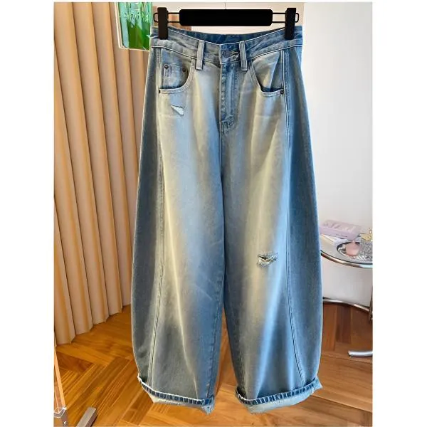 韩国东大门破洞弯刀阔腿牛仔裤女2025新款宽松高腰显瘦镰刀裤