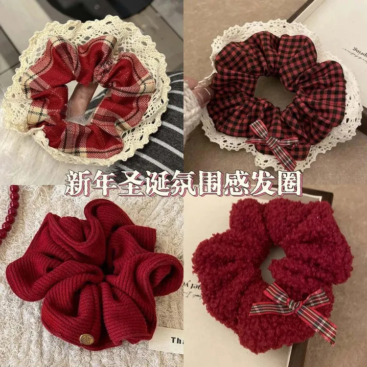 韩版格纹发圈高级感女生秋冬适用红色格子大肠发圈发绳新年氛围感