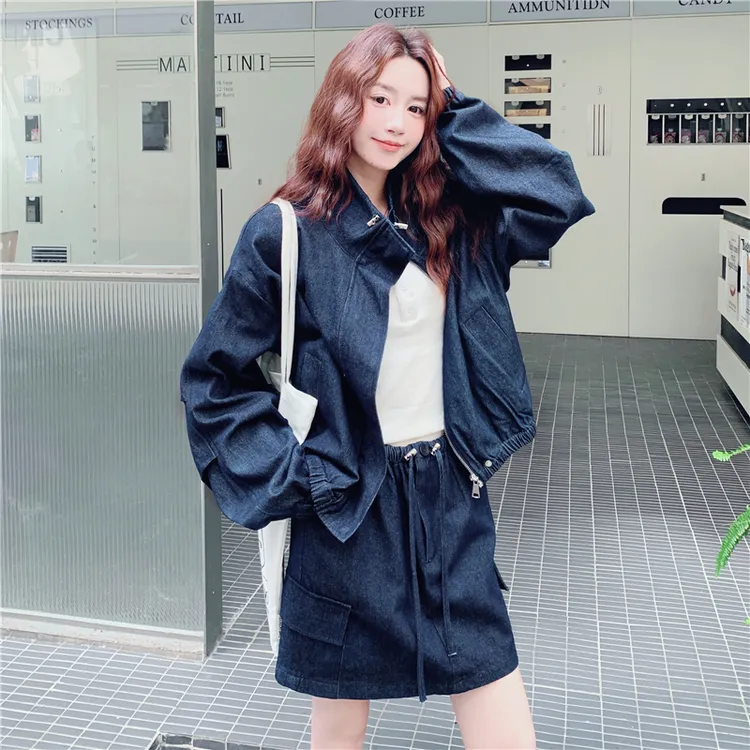气质慵懒风减龄时尚套装女2025秋季新款立领牛仔外套短裙两件套
