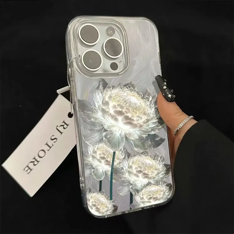 银色莲花适用苹果16手机壳华为mate70oppo小米荣耀vivos20pro一加
