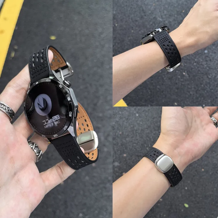 圆滑磁吸扣适用华为watch5GT4表带GT5pro小米s4透气疯马皮oppo男