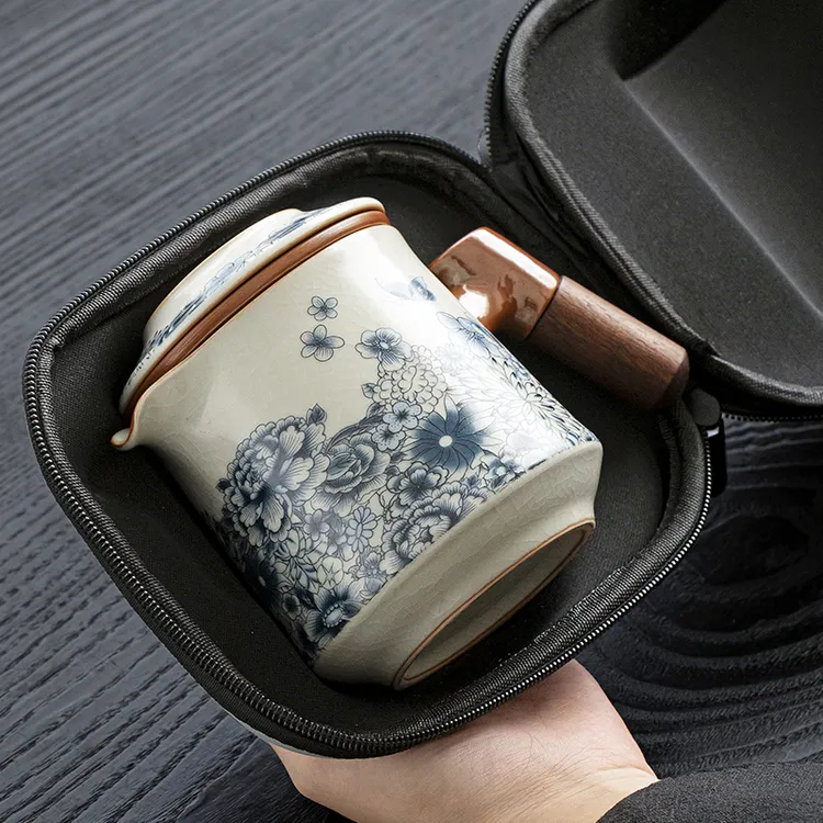 青花旅行茶具套装便携一壶四杯陶瓷快客杯户外外出旅游泡茶壶S