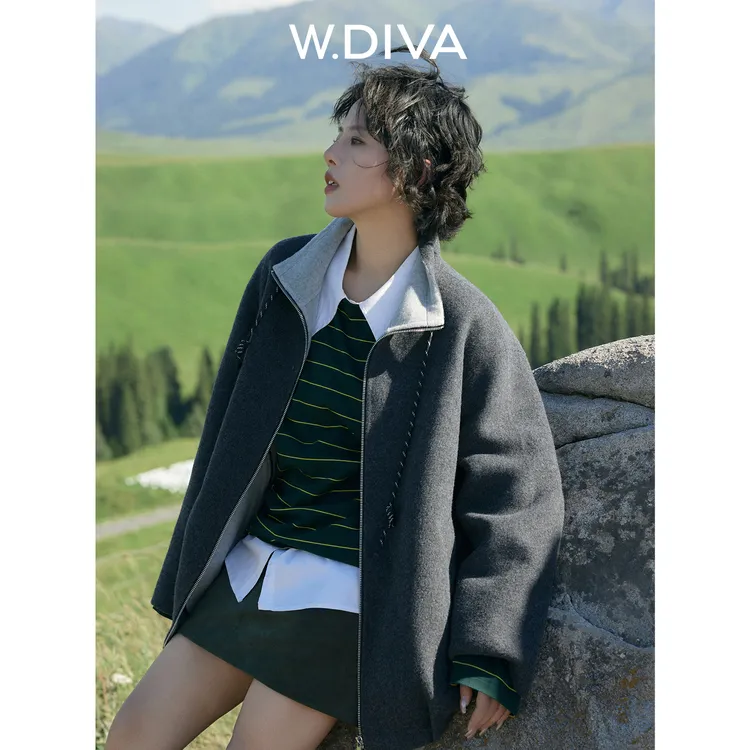 W.Diva【灰域】山羊绒绵羊毛微茧型宽松休闲立领拉链外套54C122648