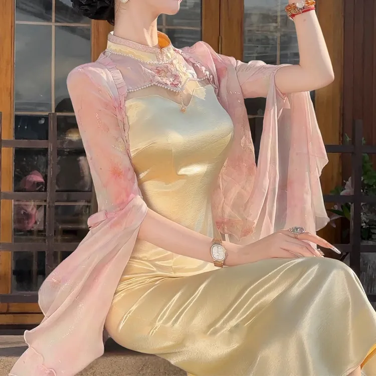 【出水芙蓉】2025夏季双版本新中式国风提花刺绣吊带连衣旗袍长裙