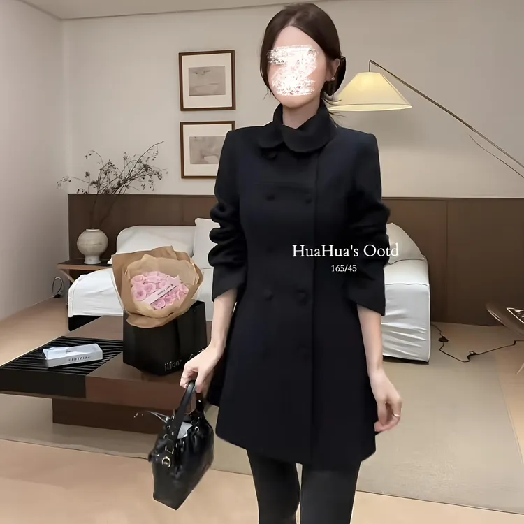 花花奥黛丽~韩版小翻领分割线双排扣小香设计感毛呢大衣