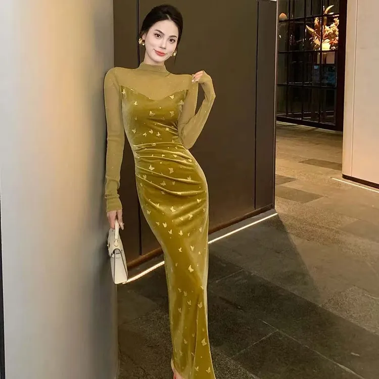 秋冬新款高级气质法式赫本修身褶皱拼接丝绒长款连衣裙QJ0303