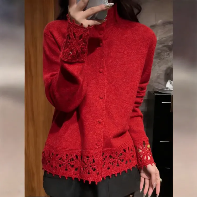 红色高领长袖毛衣女士秋冬慵懒风减龄显瘦镂空钩花打底针织衫上衣