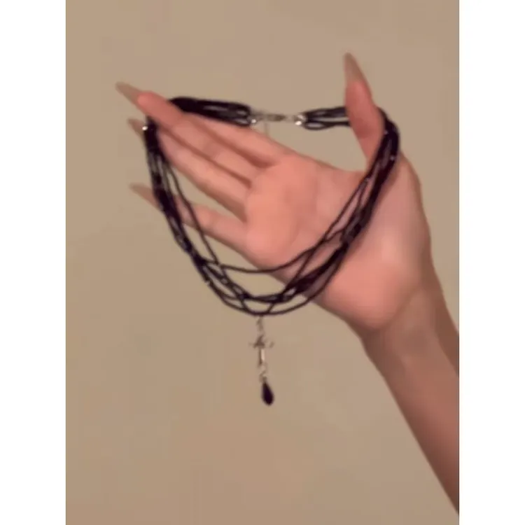 铜合金合成锆石项链 复古暗黑系十字架项链多层叠戴锁骨链颈链