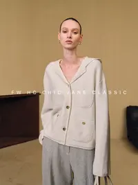 CHICJANE池简LP女神款/秘鲁羊驼毛羊毛进口金银丝连帽针织衫外套