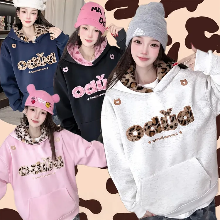 纯棉大码国潮牌美式复古豹纹字母刺绣连帽卫衣女秋冬加绒宽松外套