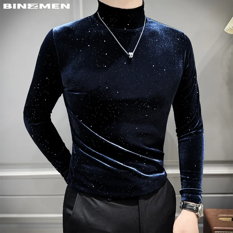 闪亮丝绒星空内搭打底衫男款秋季夜店半高领休闲上衣男士长袖t恤