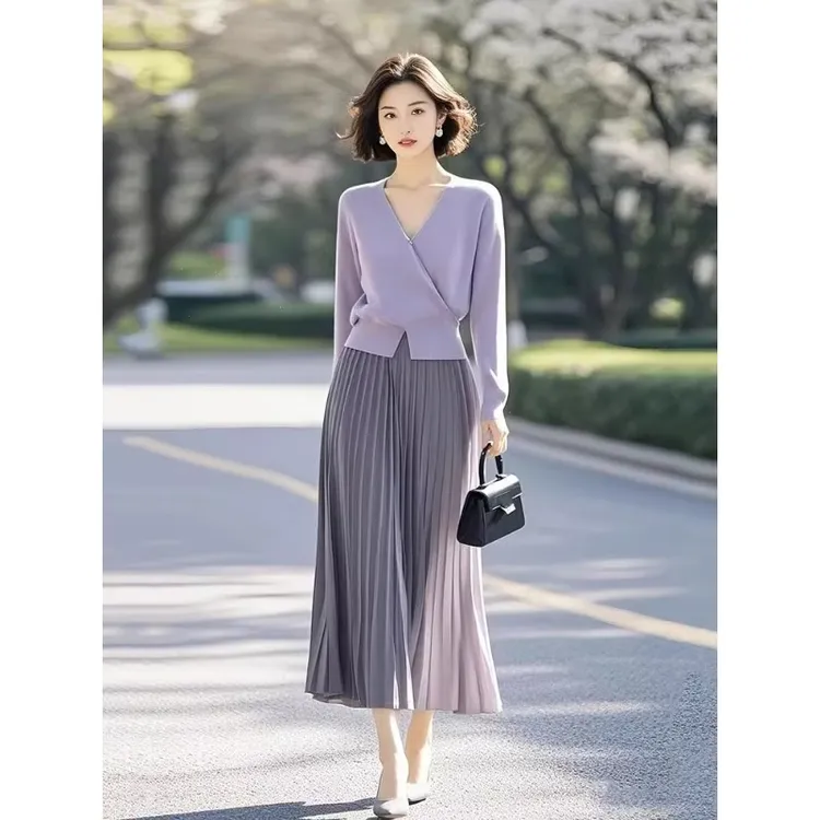 2025新款爆款超火秋装开秋气质穿搭一整套紫色小香风两件套装裙女