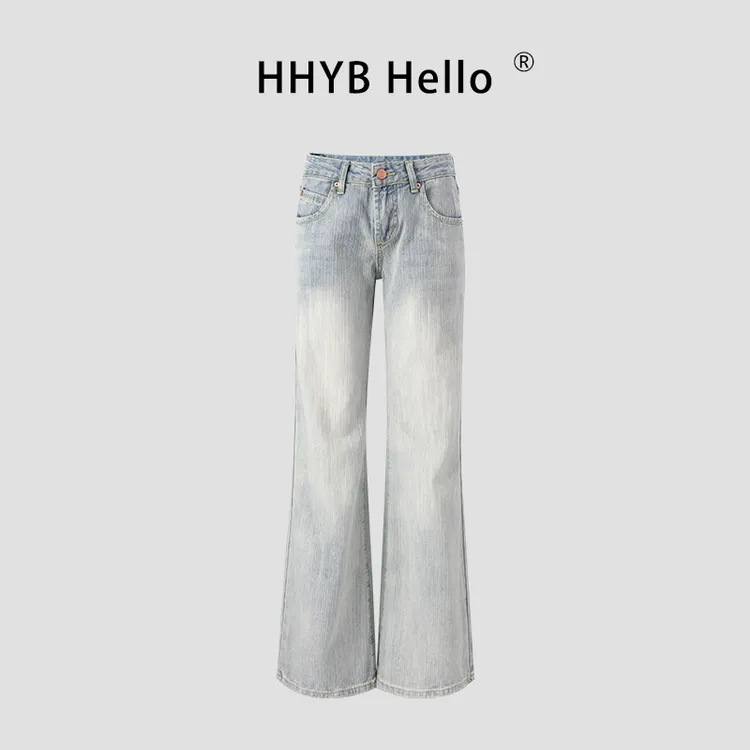 HHYB Hello中低腰竹节纹淡薄荷色牛仔裤女直筒休闲裤Q254319