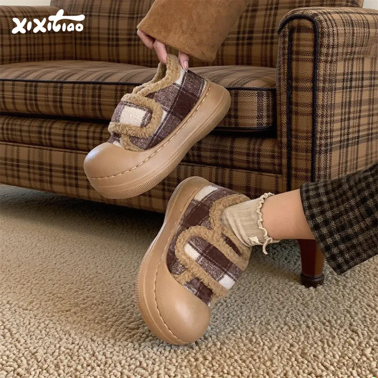 细细条 冬季复古撞色格子毛毛鞋ins魔术贴防滑亲子面包鞋棉鞋女士