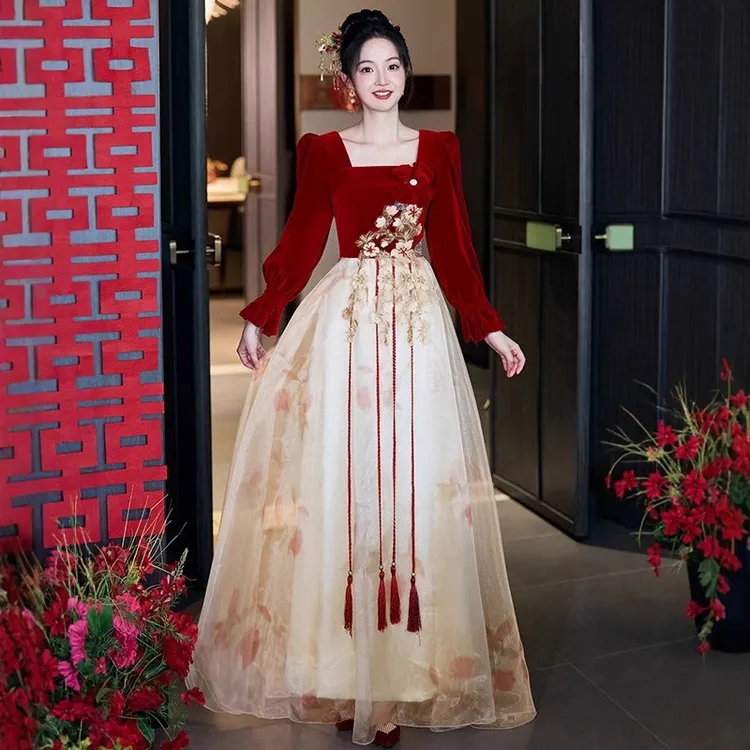 大码敬酒服新娘2025新款长袖时尚订婚结婚宴会长款气质秋季礼服女