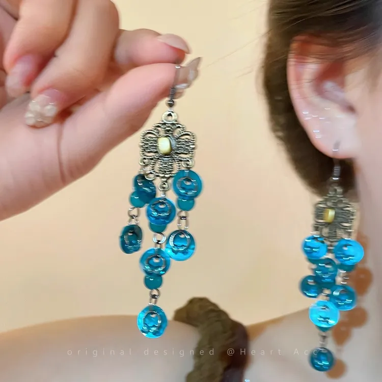 铜合金耳饰 孔雀公主~蓝色风铃贝壳流苏耳环女复古异域民族风耳饰