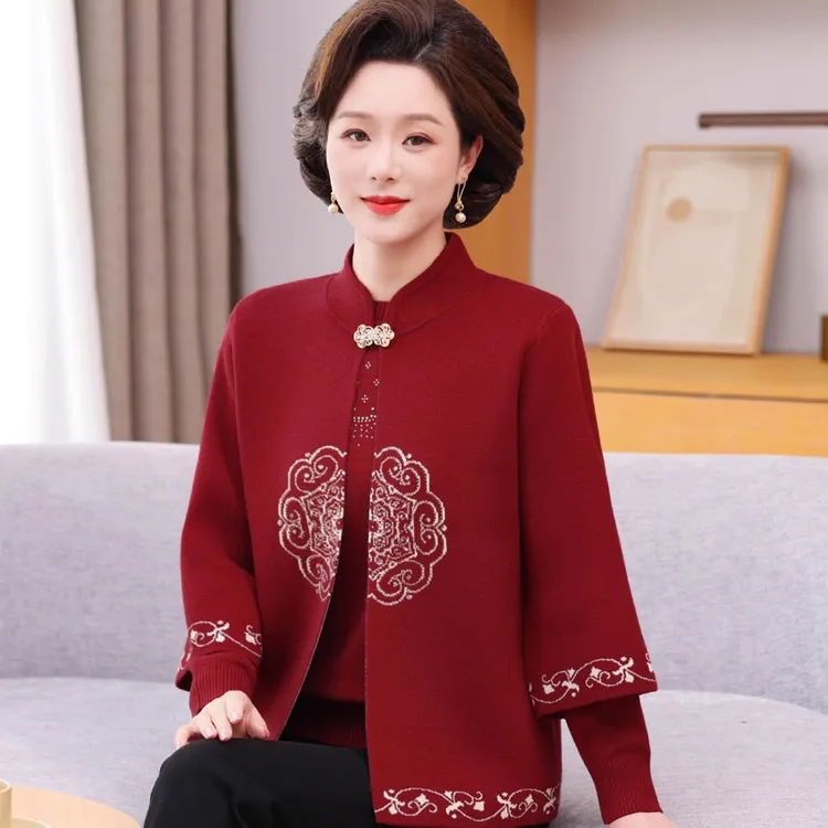 新中式妈妈秋装洋气毛衣针织开衫两件套2025新款中老年女春秋外套