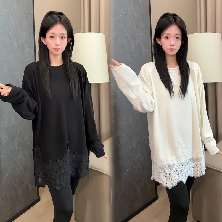 二姐的宝藏秋冬水溶蕾丝纱立体镂空不规则花边显瘦长袖T恤#25500