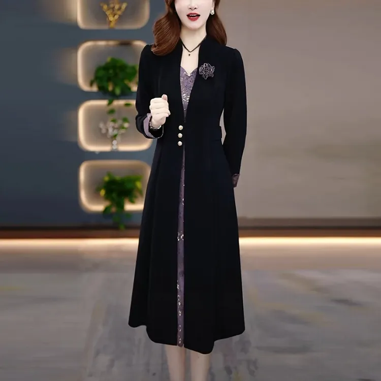 梭织精纺2025秋季新款长袖时尚优雅黑色显瘦中长款假两件连衣裙子